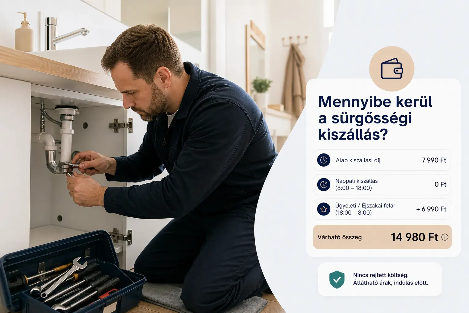 Sürgős szakember kiszállási díja árlistával és számológéppel a munkaasztalon