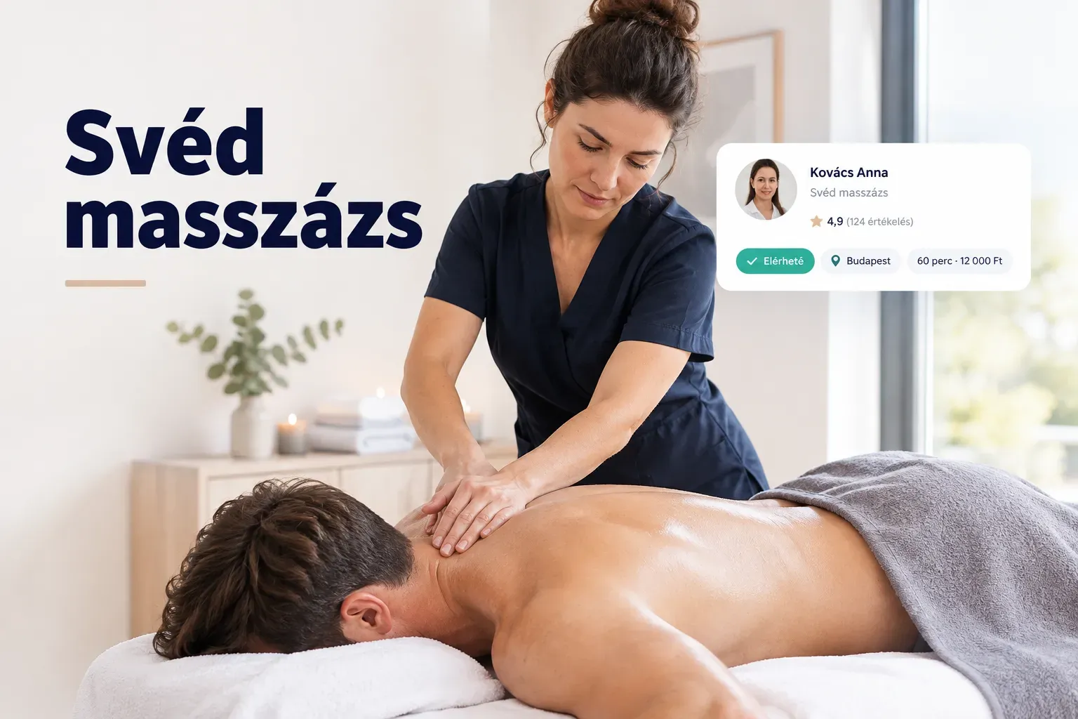Masszőr svéd masszázst végez kliens hátán, nyugtató mozdulatokkal a feszültség oldására
