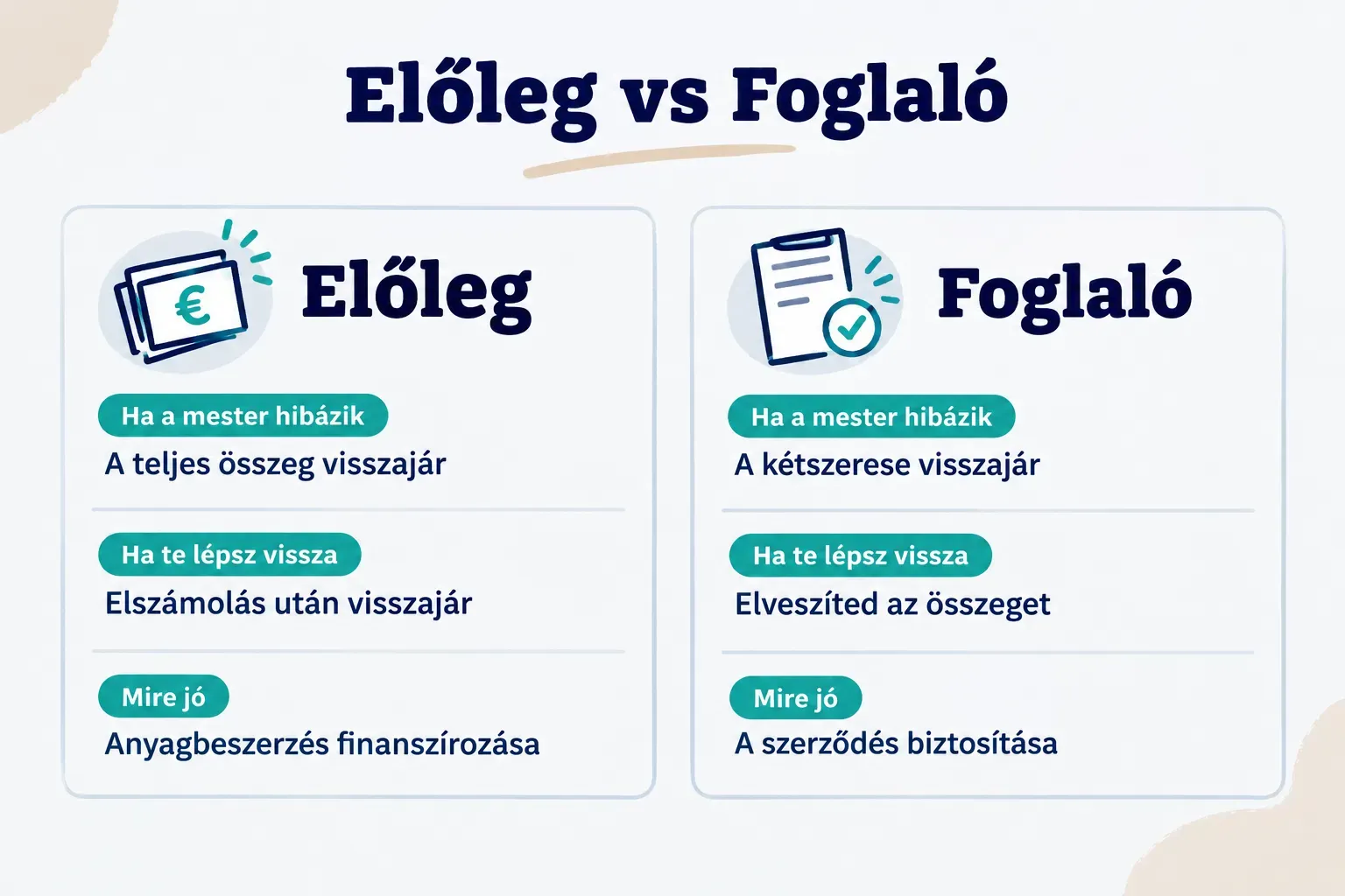 Comparison table, Előleg vs Foglaló. Ha a mester hibázik, Előleg: A teljes összeg visszajár; Foglaló: A kétszerese…