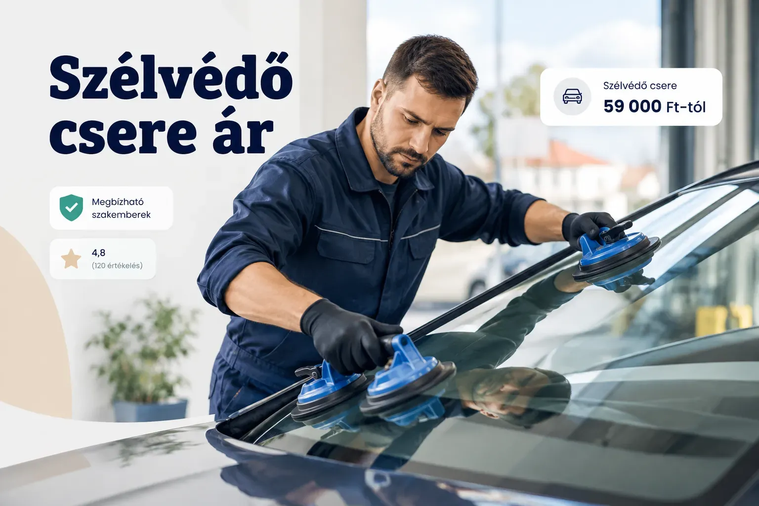 Szélvédő csere ár kalkulációja: szerelő autóüveget cserél szakműhelyben