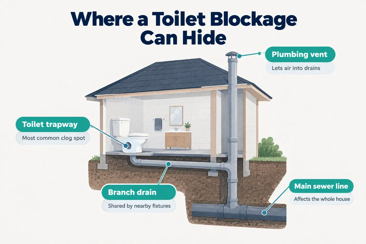 Diagram, Where a Toilet Blockage Can Hide. Toilet trapway, Most common clog spot; Branch drain, Shared by nearby…