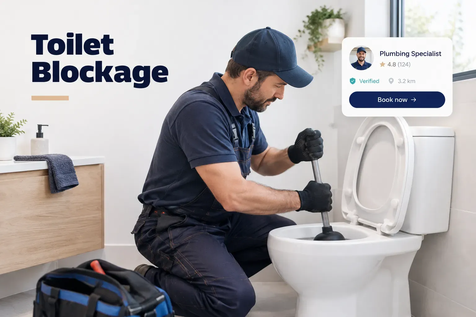 Plumber using a plunger to clear a toilet blockage in a residential bathroom