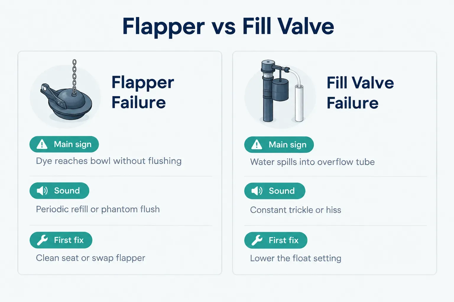 Comparison table, Flapper vs Fill Valve. Main sign, Flapper Failure: Dye reaches bowl without flushing; Fill Valve…