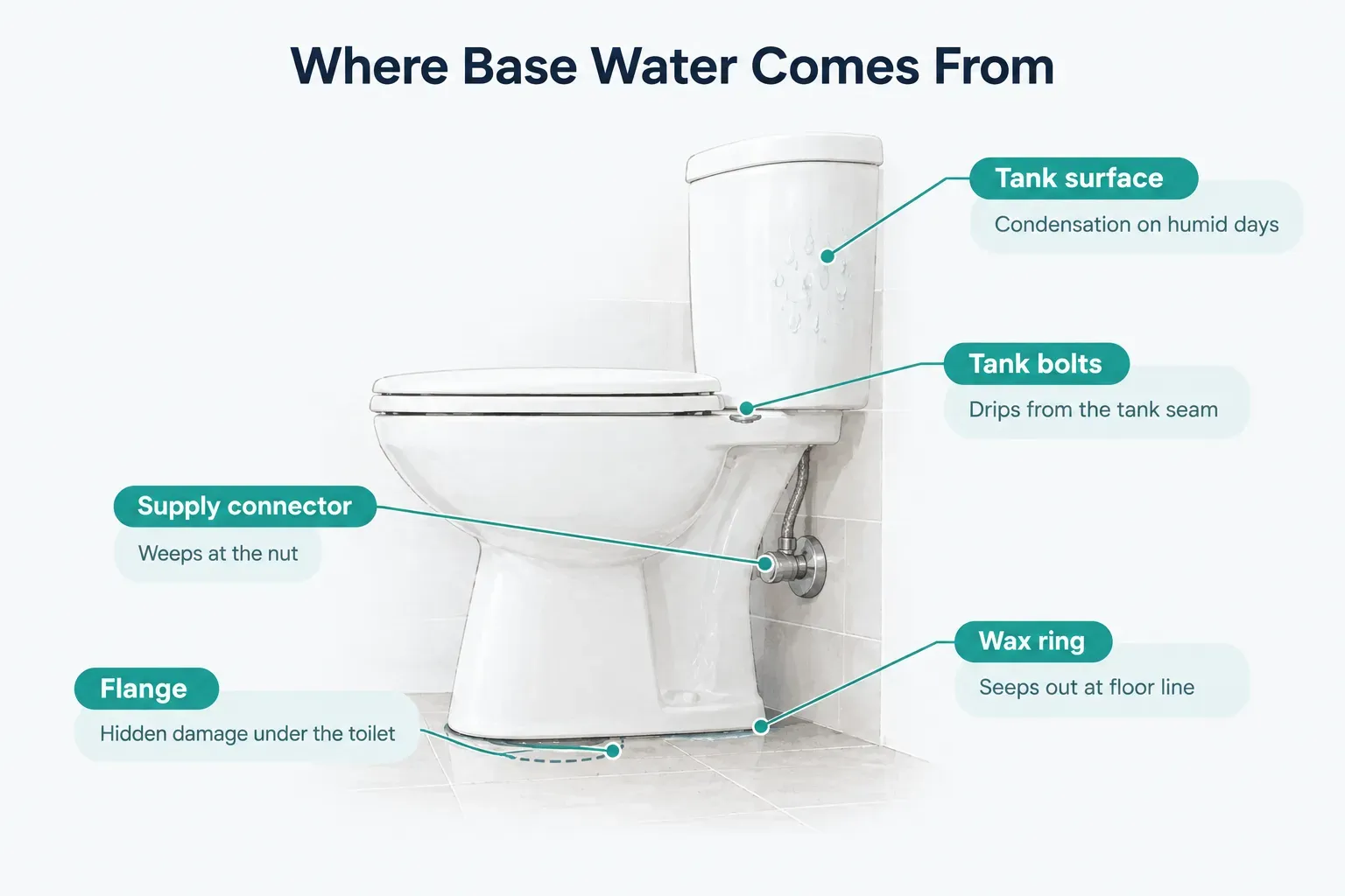 Diagram, Where Base Water Comes From. Tank surface, Condensation on humid days; Tank bolts, Drips from the tank seam…