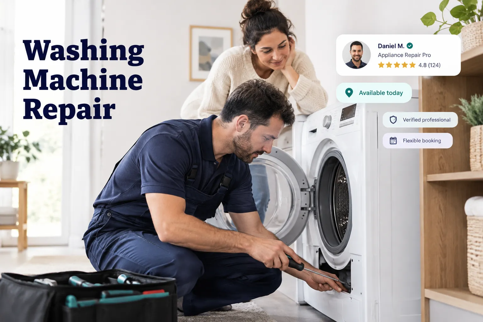 Technician repairing a washing machine, inspecting internal components with tools during a service call