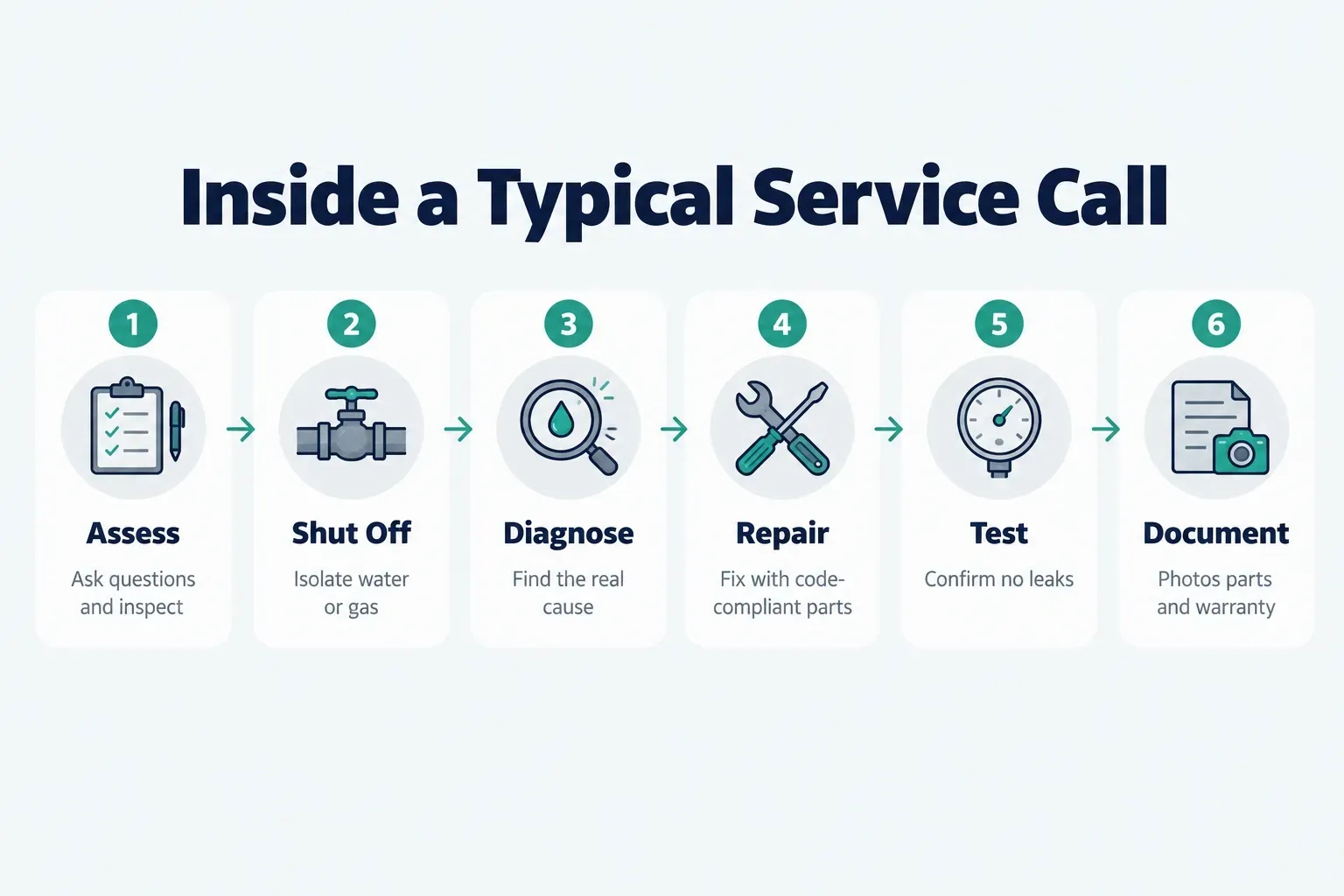 Step-by-step diagram, Inside a Typical Service Call. 1. Assess, Ask questions and inspect; 2. Shut Off, Isolate water or…