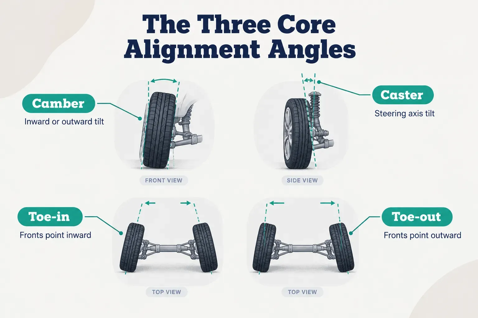 Diagram, The Three Core Alignment Angles. Camber, Inward or outward tilt; Caster, Steering axis tilt; Toe-in, Fronts…