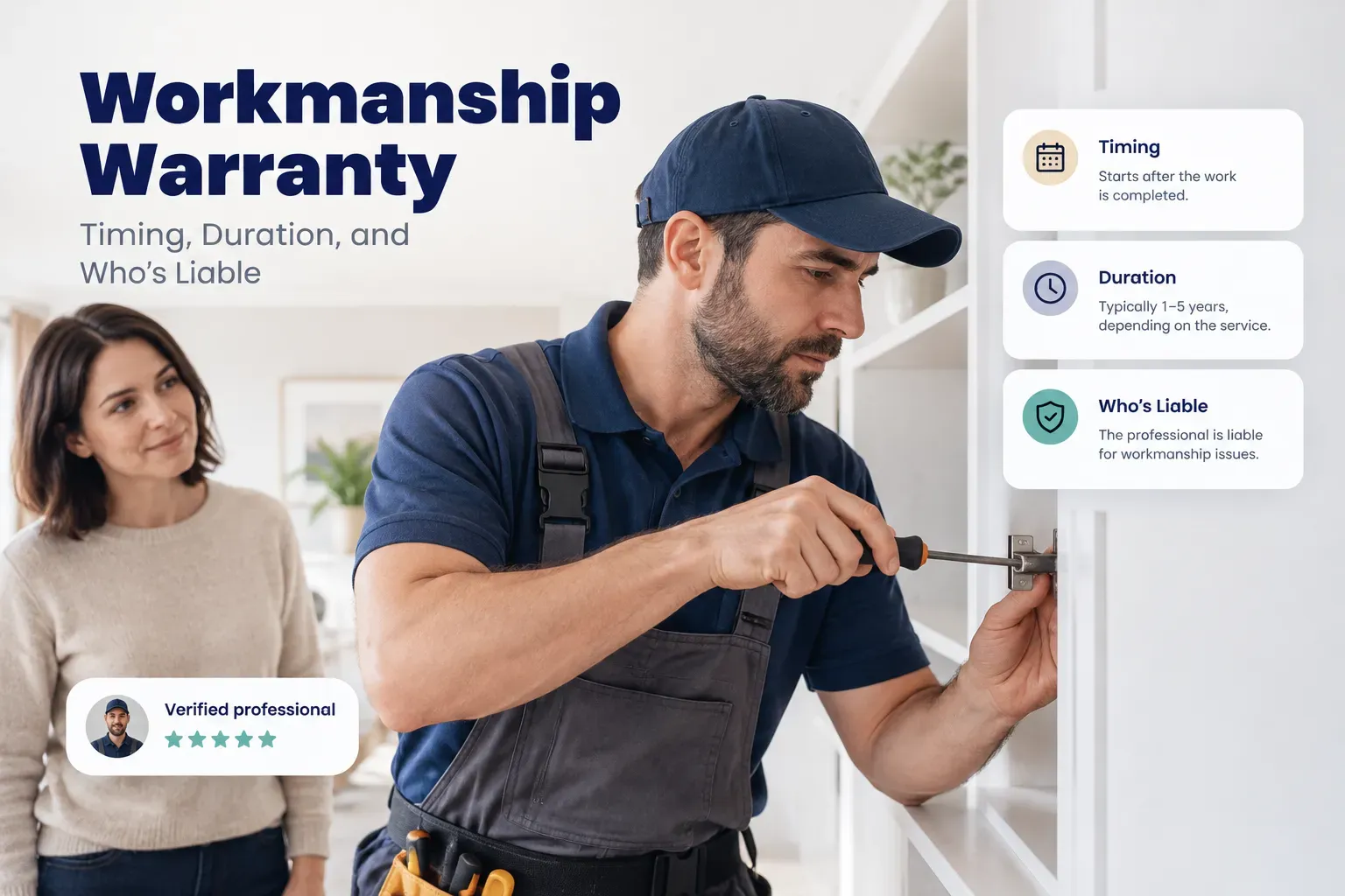Workmanship warranty document showing coverage duration, timing terms, and liability details for contractors and homeowners
